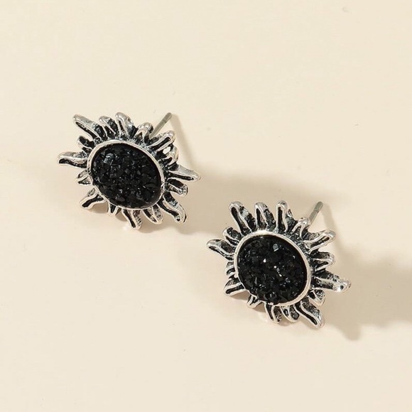 Any 2/$20! Silver Black Druzy Sun Stud Earrings - Picture 3 of 6